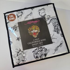 Ed Hardy CAL KING Sheets Set 6pc WHITE Tiger Shark Griffin Sword Mom Dad Tattoo